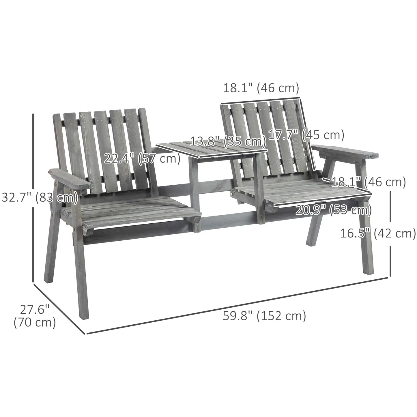 2-Seater Outdoor Bench with Table, Wooden Garden Bench, Grey Outdoor Benches at Gallery Canada