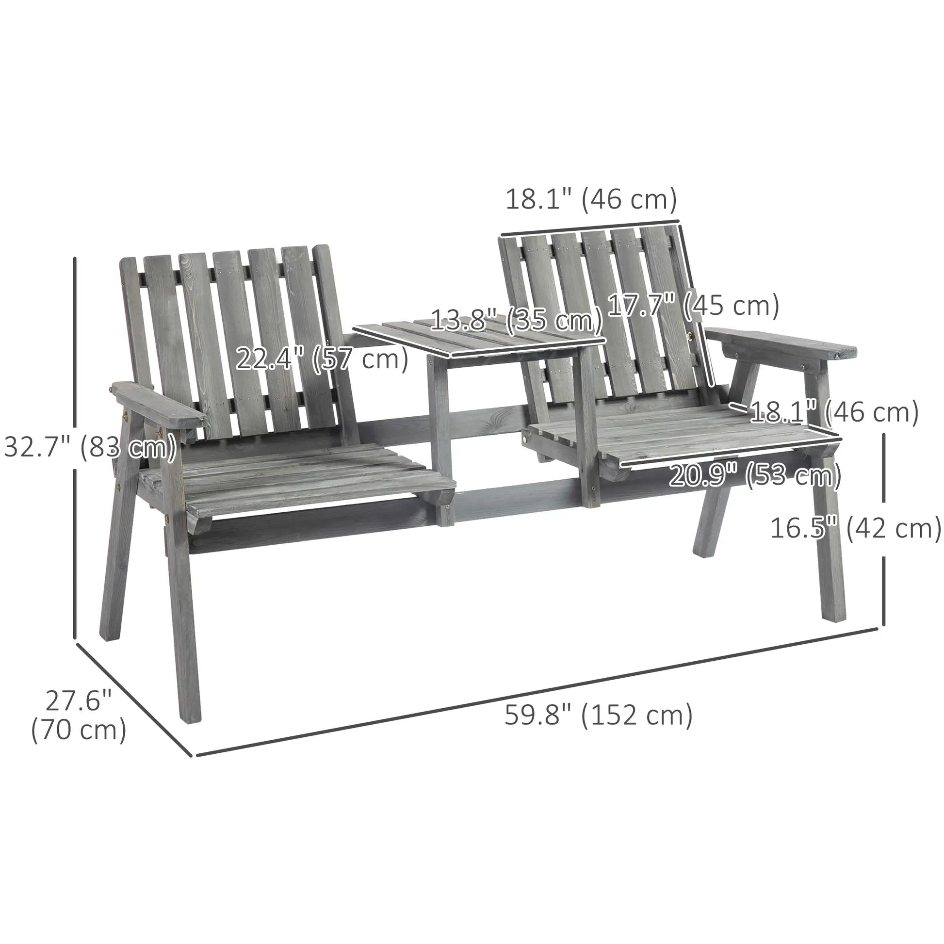 2-Seater Outdoor Bench with Table, Wooden Garden Bench, Grey Outdoor Benches at Gallery Canada