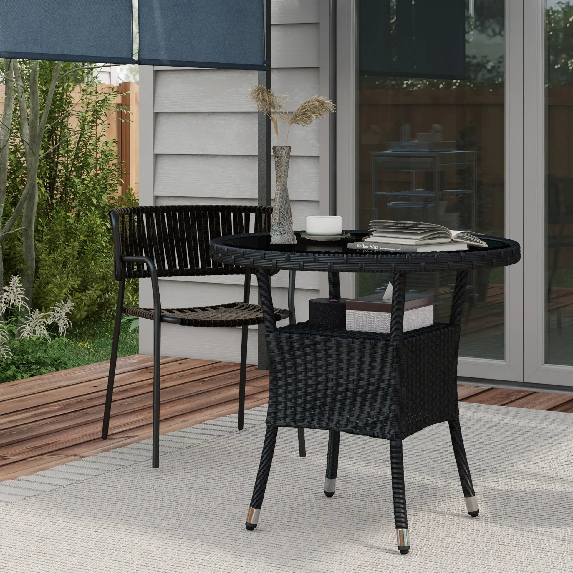 31.5" Outdoor Wicker Dining Table, PE Rattan, Metal Frame, Glass Top, Black Patio Dinning Tables at Gallery Canada