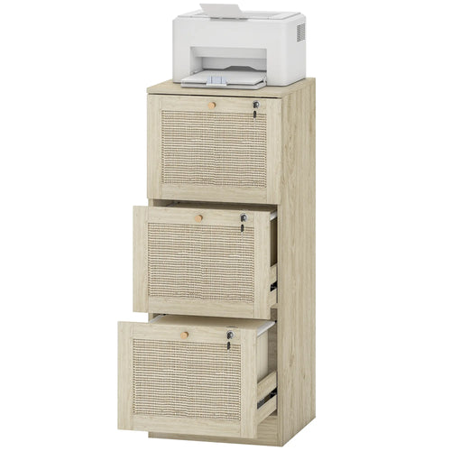 3 Drawer Filing Cabinet with Lock, Boho File Cabinet, A4 Letter Size, Oak