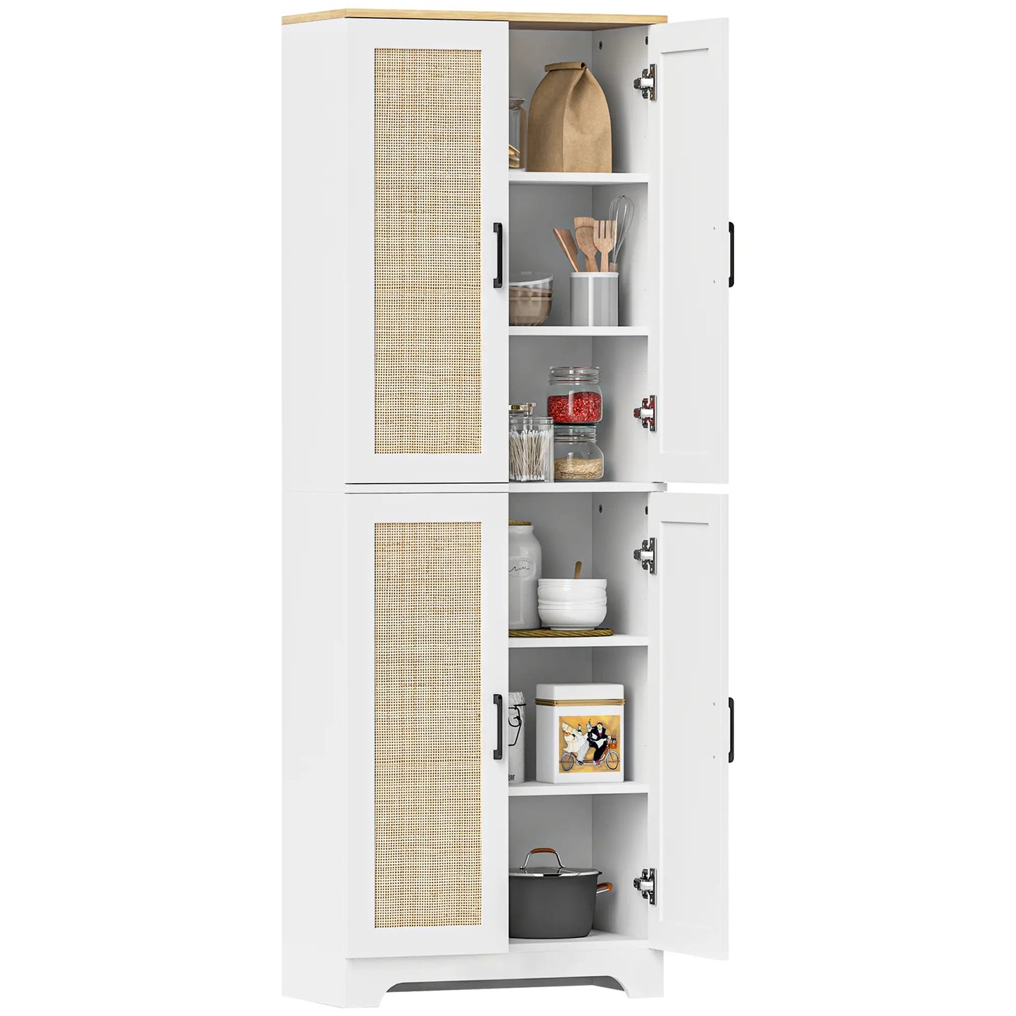67" Tall Kitchen Pantry, Freestanding Cabinet, 4 Rattan Doors, Adjustable Shelves, White Storage Cabinets at Gallery Canada