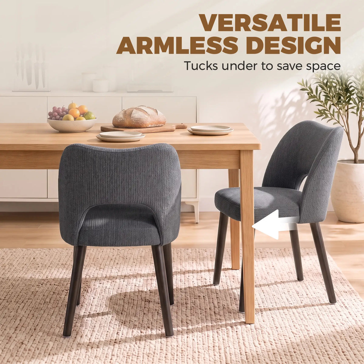 Upholstered Dining Chairs Set, Rubberwood Legs, Dark Grey