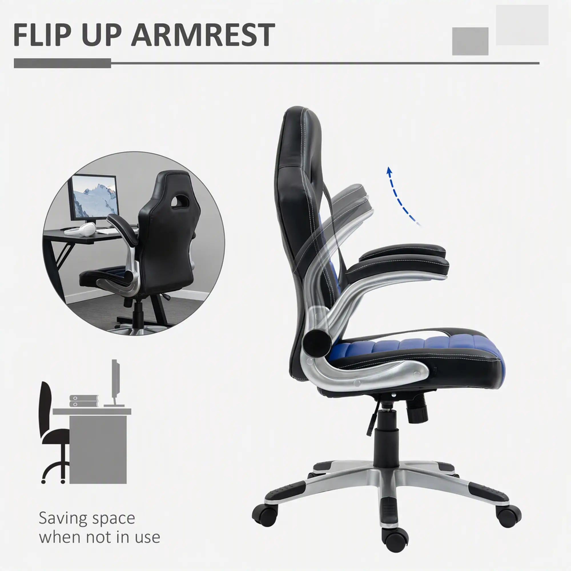 Racing Gaming Chair, PU Leather, Adjustable Height, Flip Up Armrest, Blue Video Game Chairs at Gallery Canada