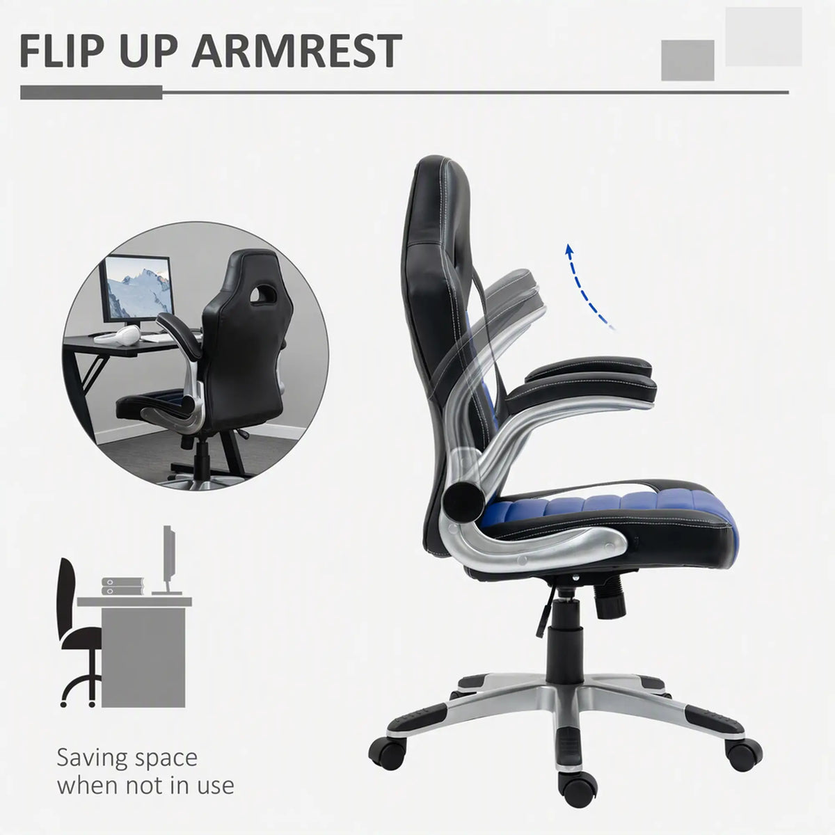 Racing Gaming Chair, PU Leather, Adjustable Height, Flip Up Armrest, Blue Video Game Chairs at Gallery Canada