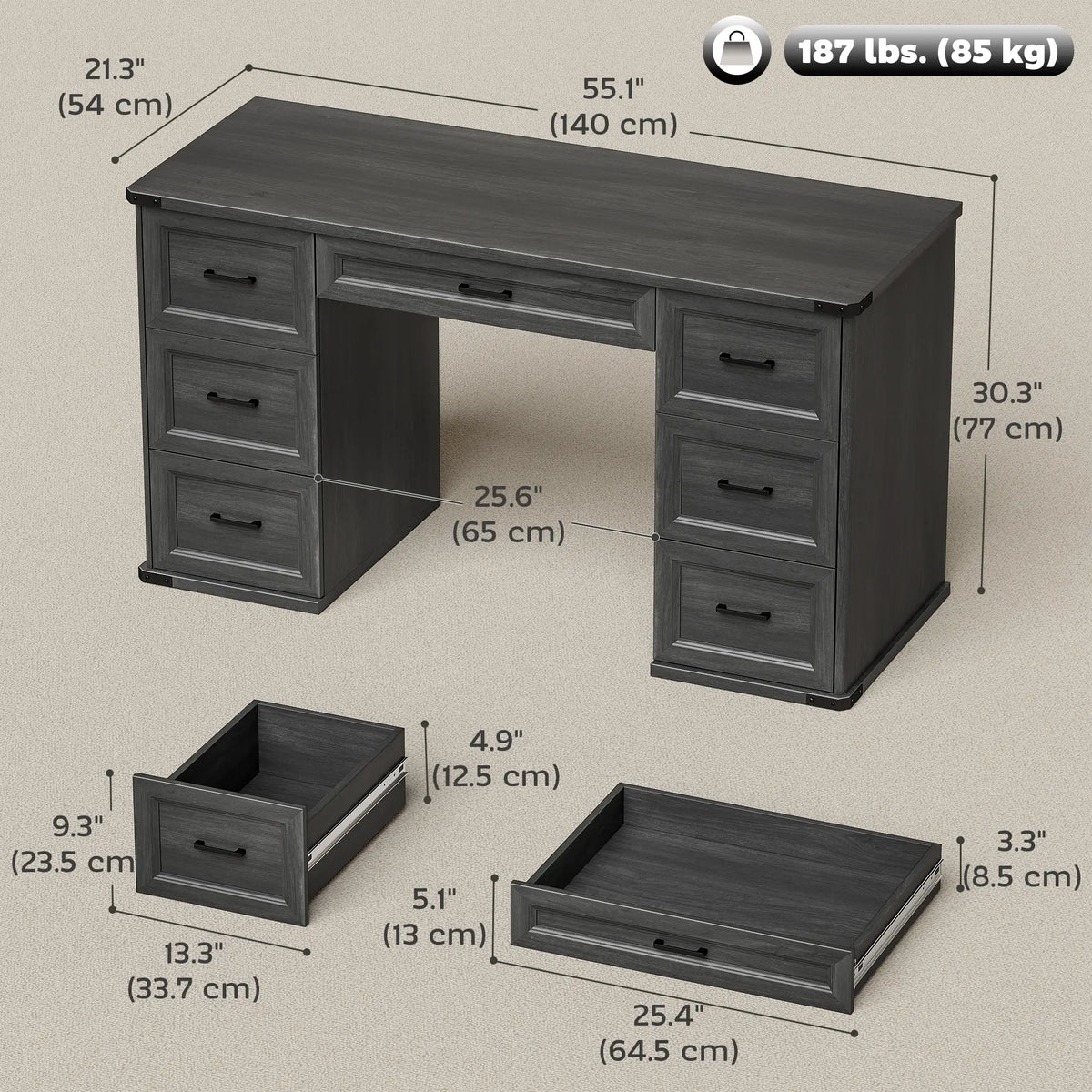 55" Computer Desk With 7 Drawers, Farmhouse Executive Desk, Black Wood Grain, Black Computer Desks at Gallery Canada