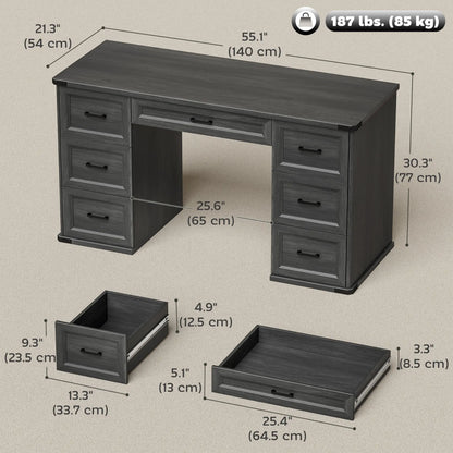 55" Computer Desk With 7 Drawers, Farmhouse Executive Desk, Black Wood Grain, Black Computer Desks at Gallery Canada