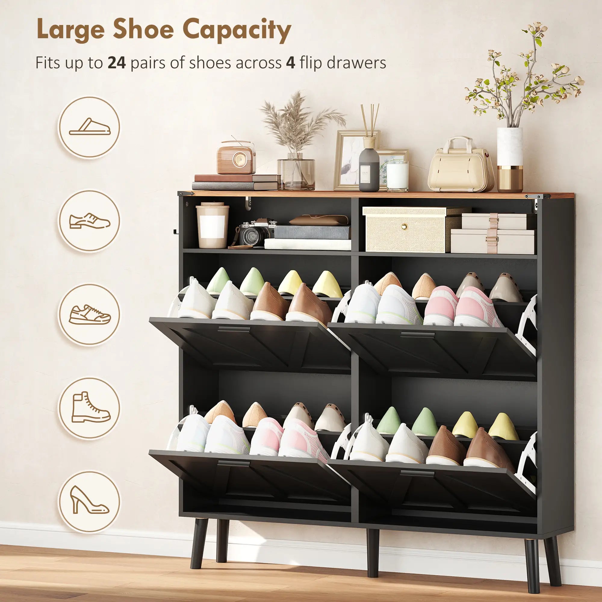 Shoe Storage Cabinet, 4 Flip Drawers, Farmhouse Narrow, Black Shoe Storage Cabinets & Racks at Gallery Canada