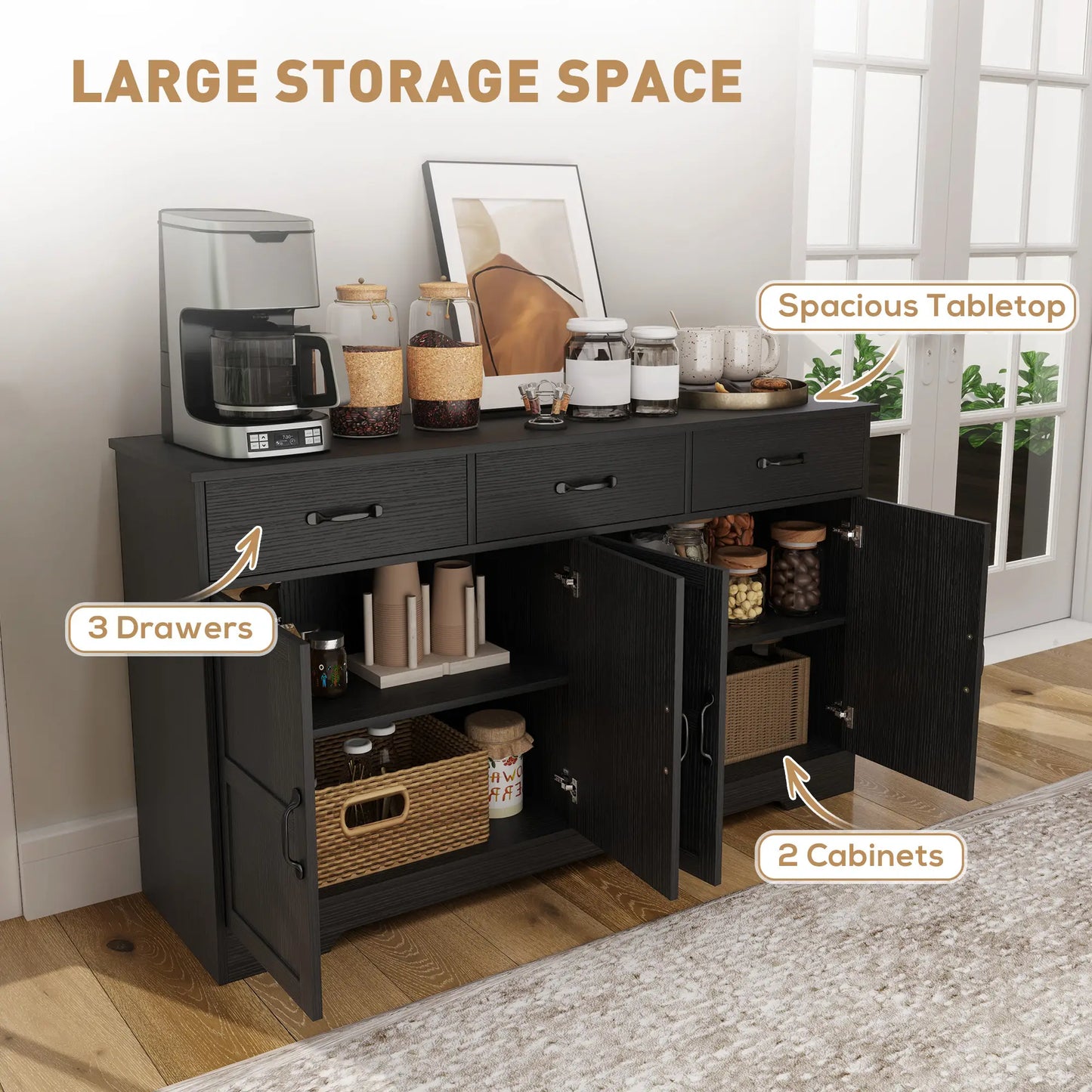 Modern Sideboard Buffet Cabinet, 3 Drawers, Adjustable Shelves, Distressed Black, Black Bar Cabinets at Gallery Canada