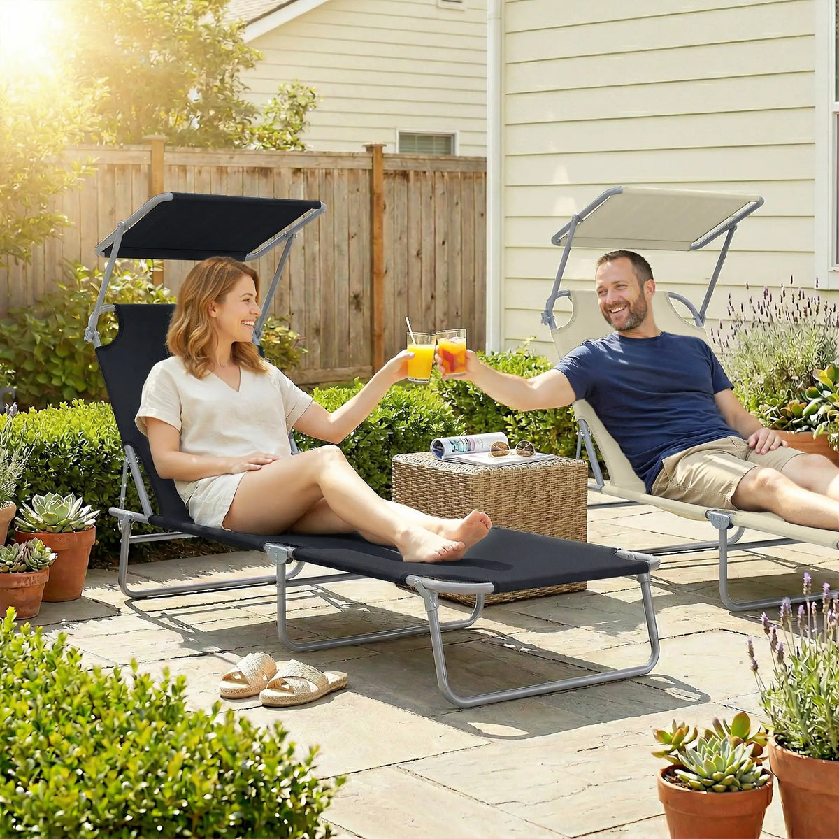 Adjustable Folding Chaise Lounge, Outdoor Tanning Chair with Sun Shade, Black Lounger Chairs at Gallery Canada