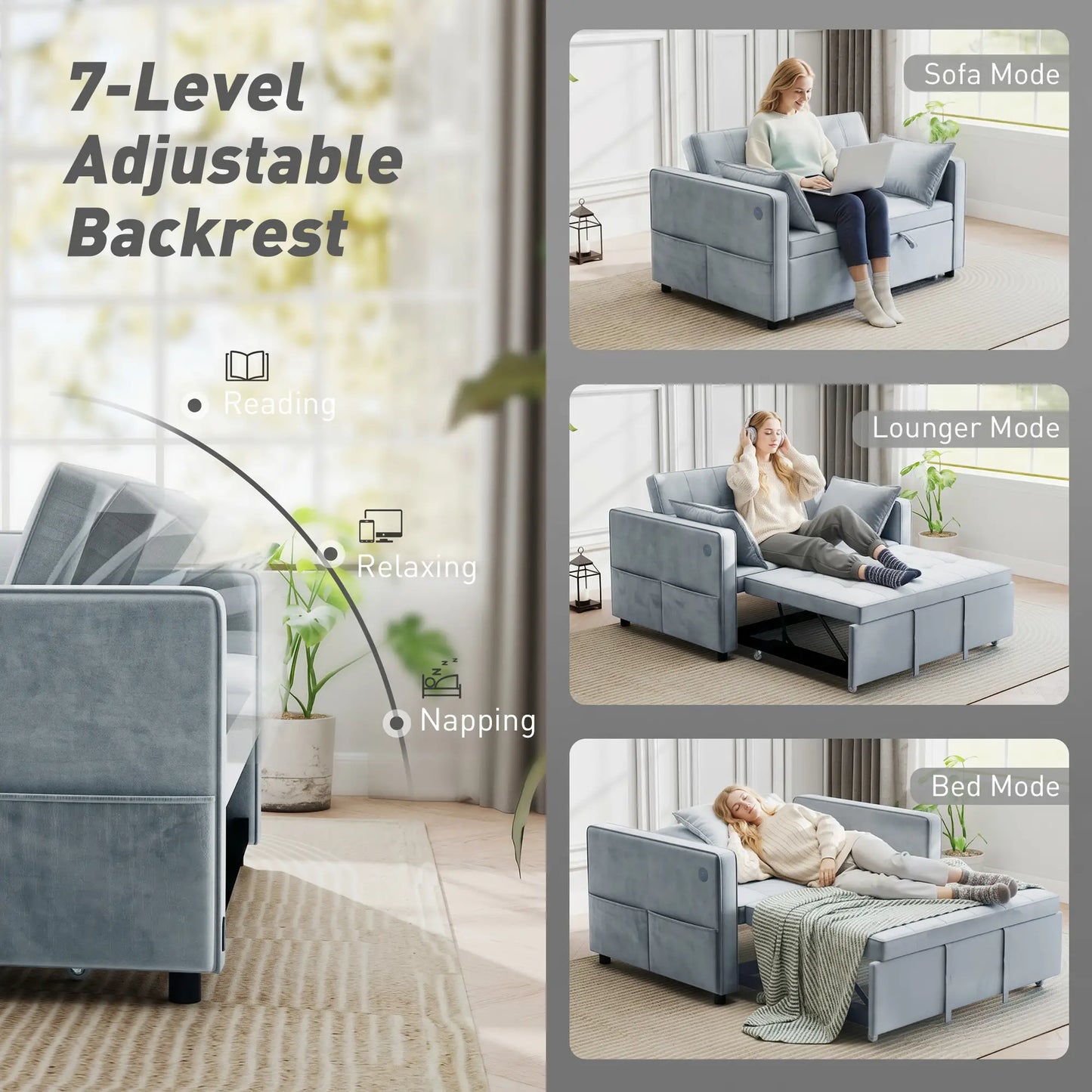 3-In-1 Convertible Sofa Bed, Pull Out Sleeper, Adjustable Backrest, Light Grey 2-Seater Sofas at Gallery Canada