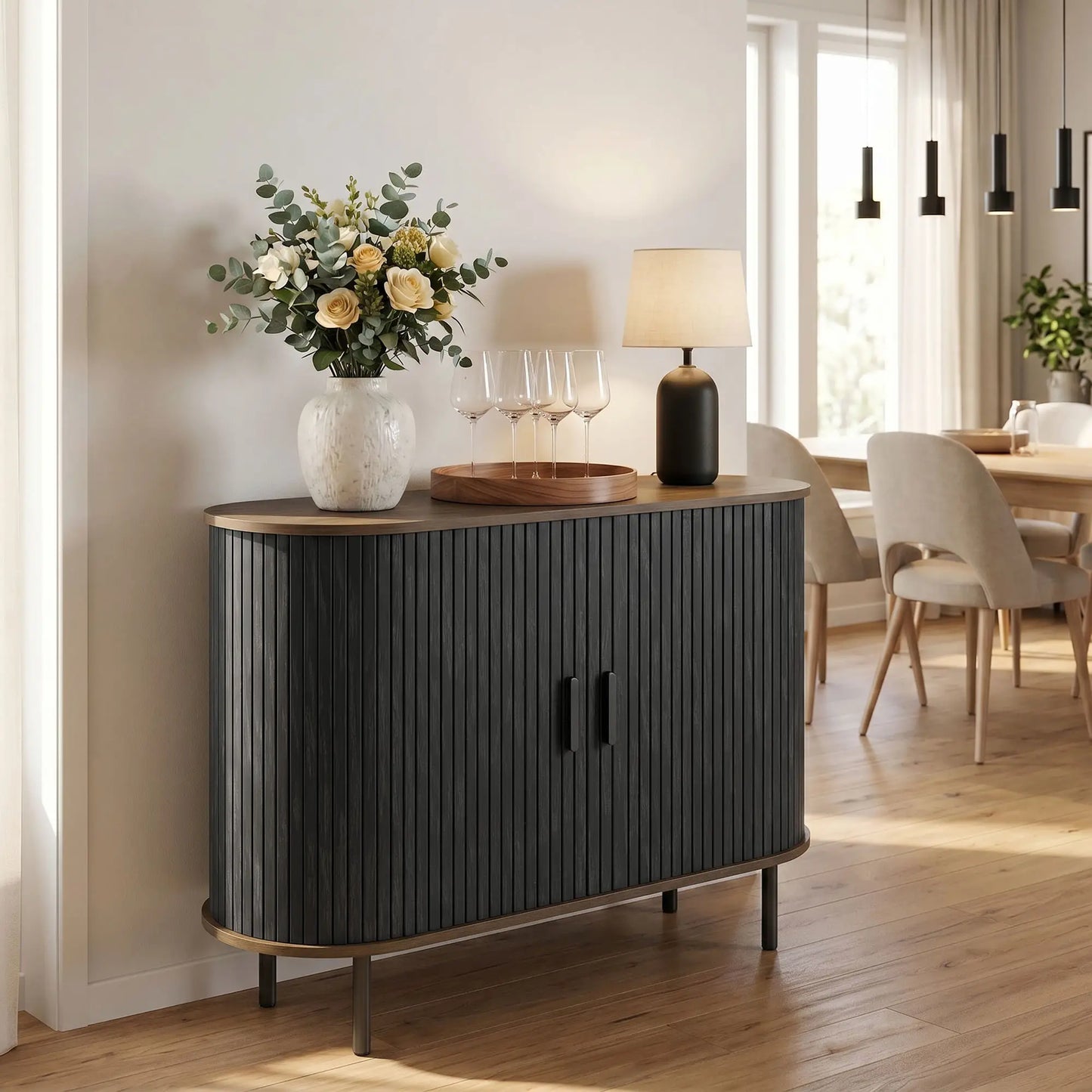 Wood Grain Sideboard With Curved Tambour Doors, Brown