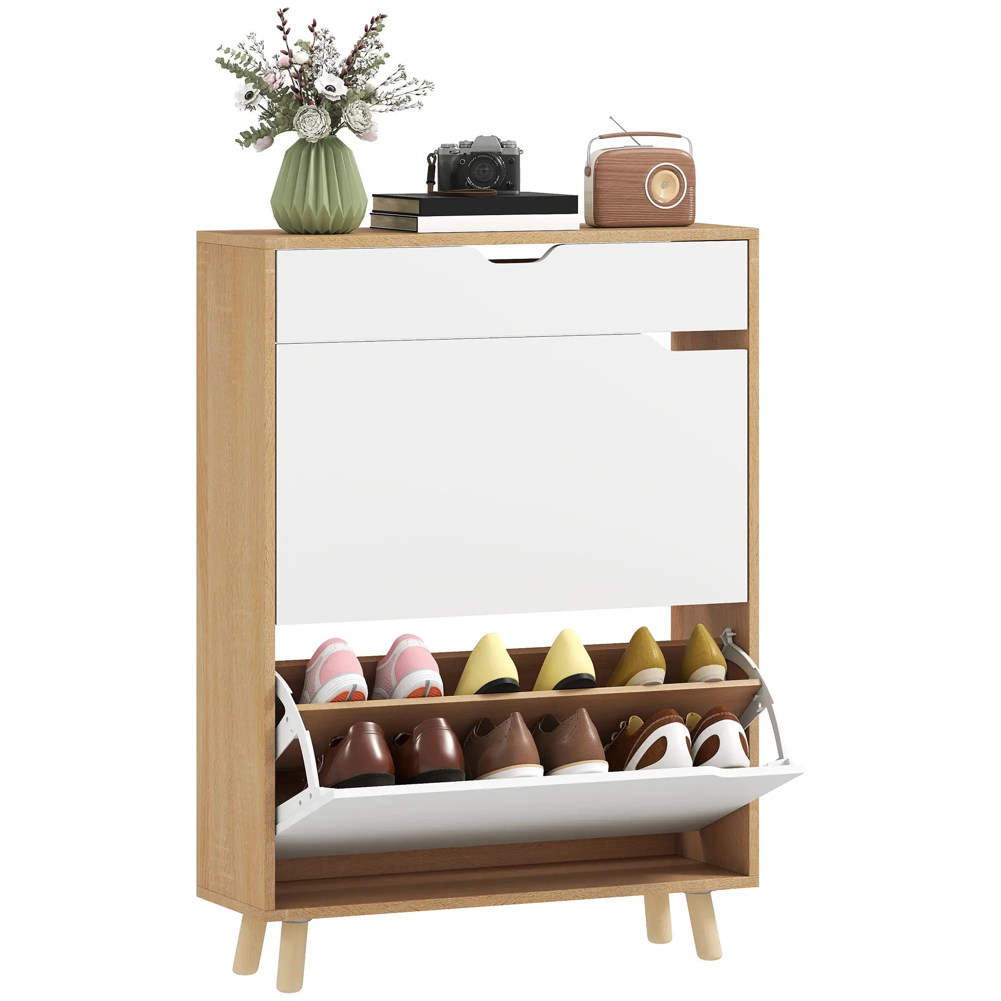 Narrow Shoe Cabinet, 2 Flip Drawers, Adjustable Shelves, White Shoe Storage Cabinets & Racks at Gallery Canada