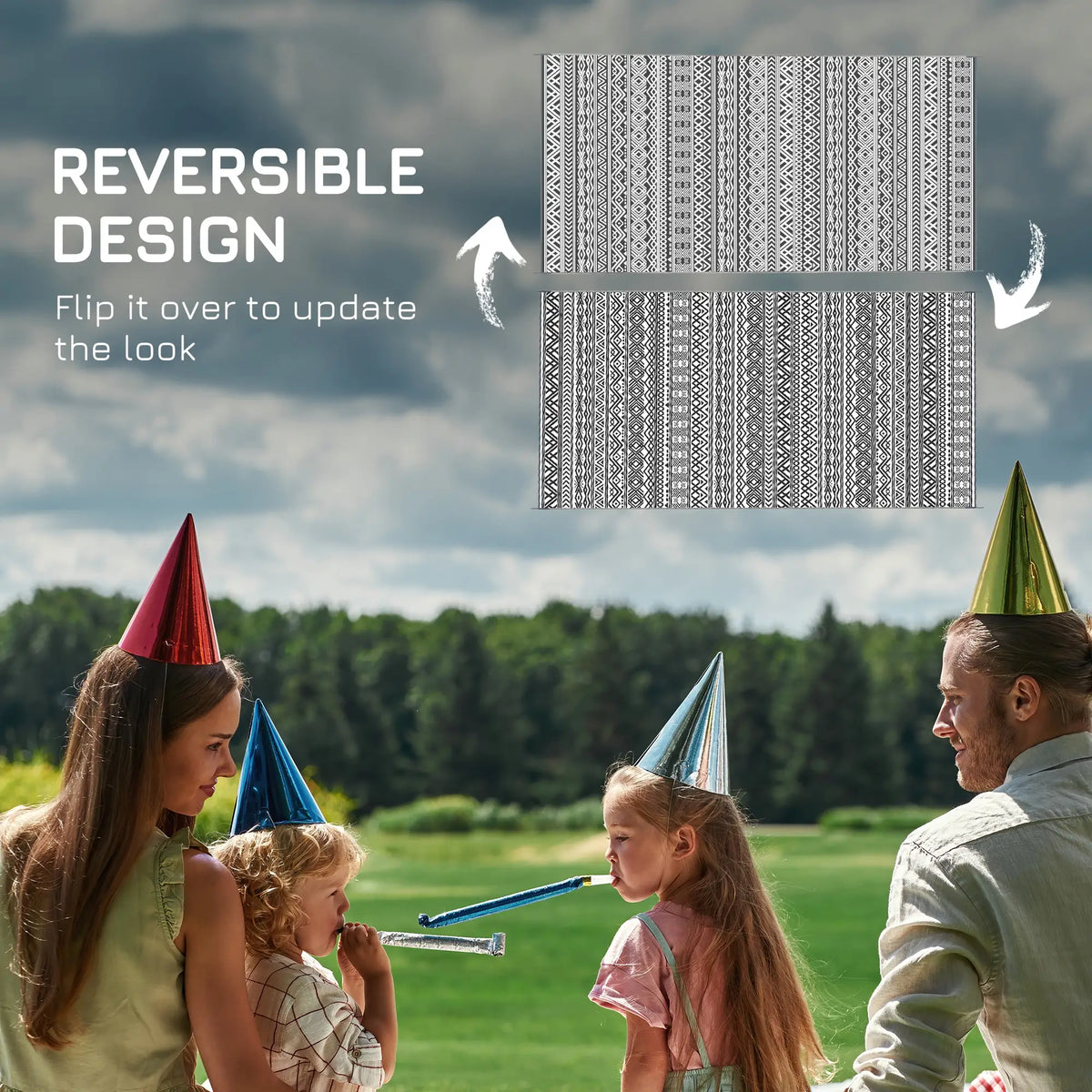 Reversible Outdoor Rug, Waterproof, 9' x 18', Boho, Grey Cream White Outdoor Reversible Rugs at Gallery Canada