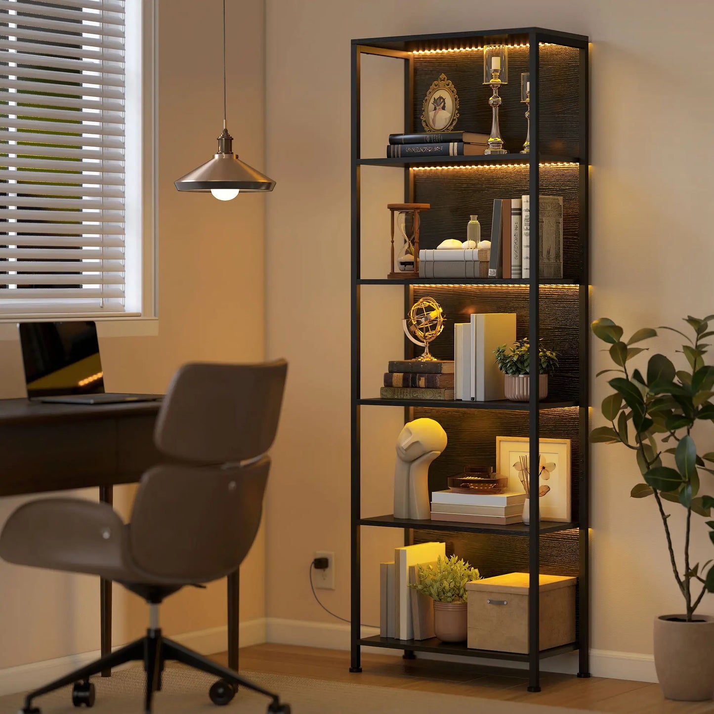 5-Tier Bookshelf With LED Lights, Metal Frame, Black