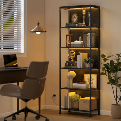 5-Tier Bookshelf With LED Lights, Metal Frame, Black