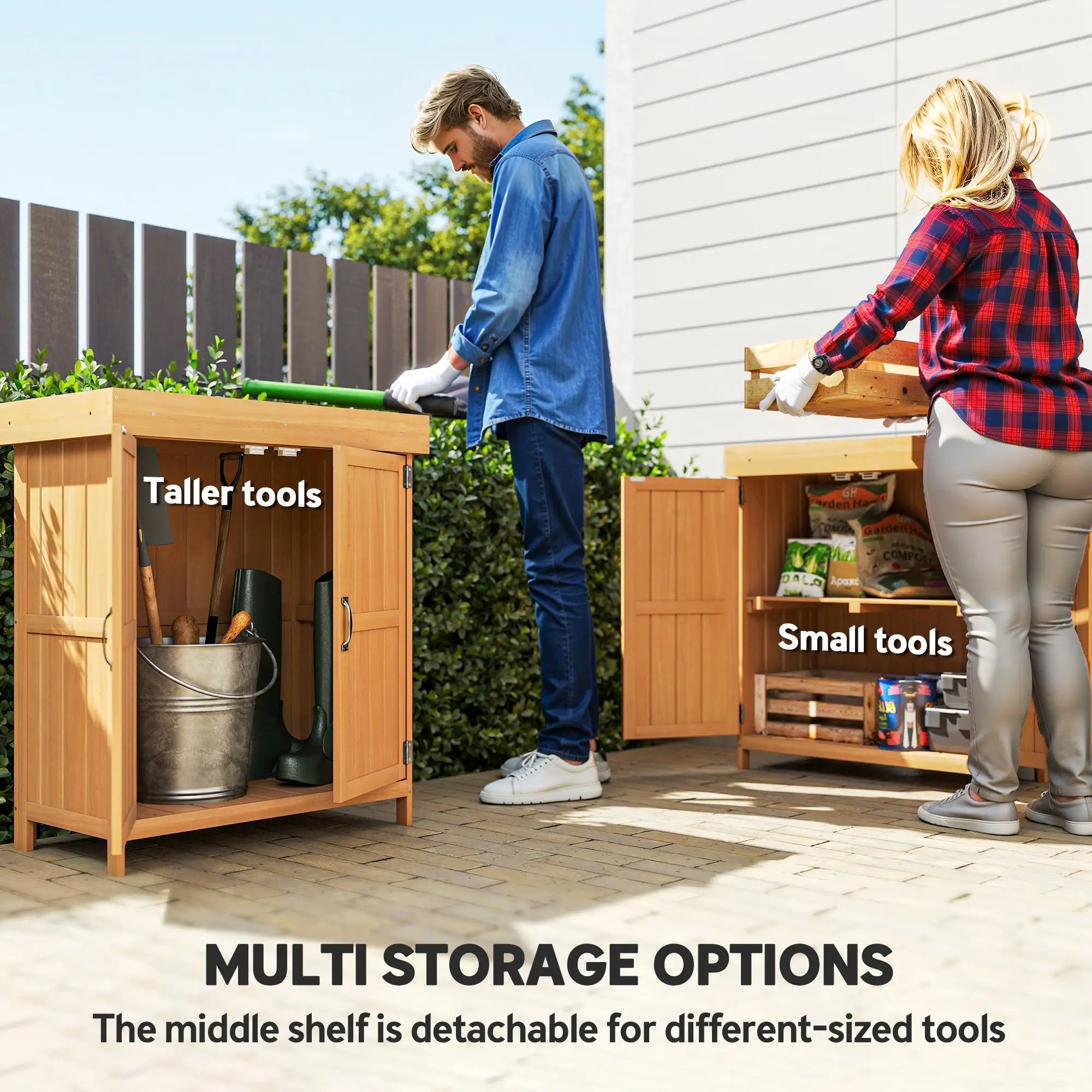 Wooden Garden Tool Shed, Hinged Roof, 2-Tier Shelves, Double Doors, 74x43x88cm, Natural Wood Sheds at Gallery Canada