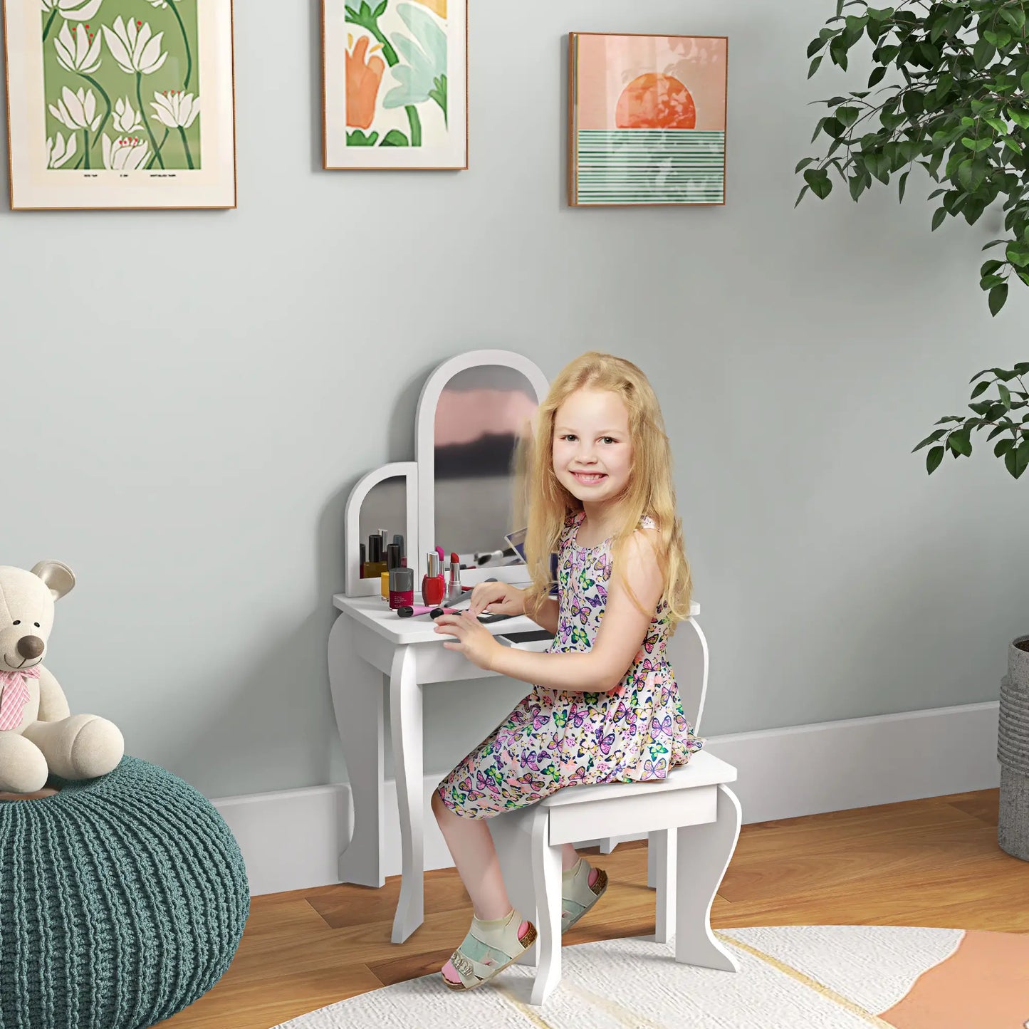 Kids Dressing Table and Chair Set, Makeup Desk with Drawer, White Toy Vanity at Gallery Canada