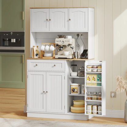 68 Inch Pantry Cabinet with Charging Station, Microwave Stand, 4 Door Racks, White Kitchen Pantry Cabinets at Gallery Canada