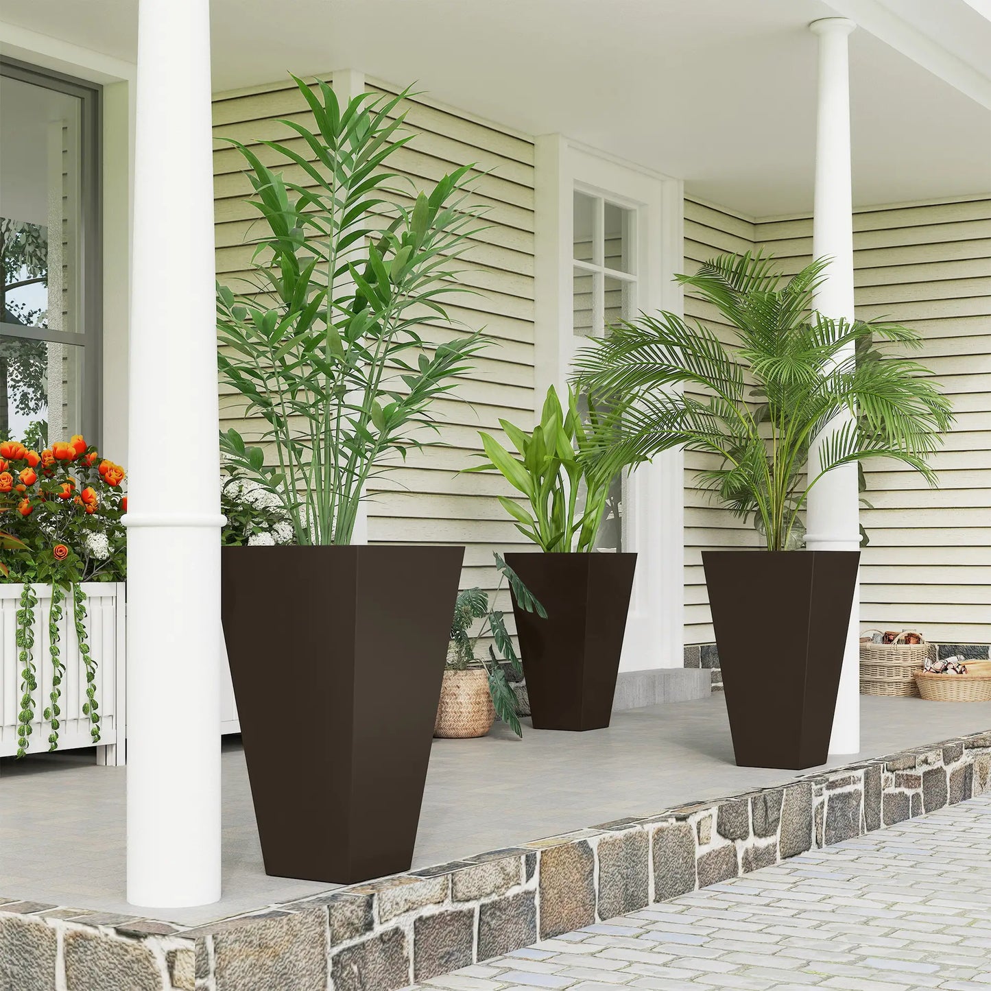 28" Pots de Plantes en Plastique pour Jardin, Lot de 3, Marron