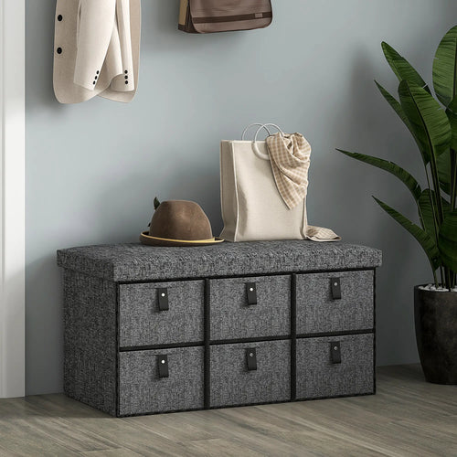Shoe Bench with Seat, 6 Fabric Drawers, Charcoal Grey