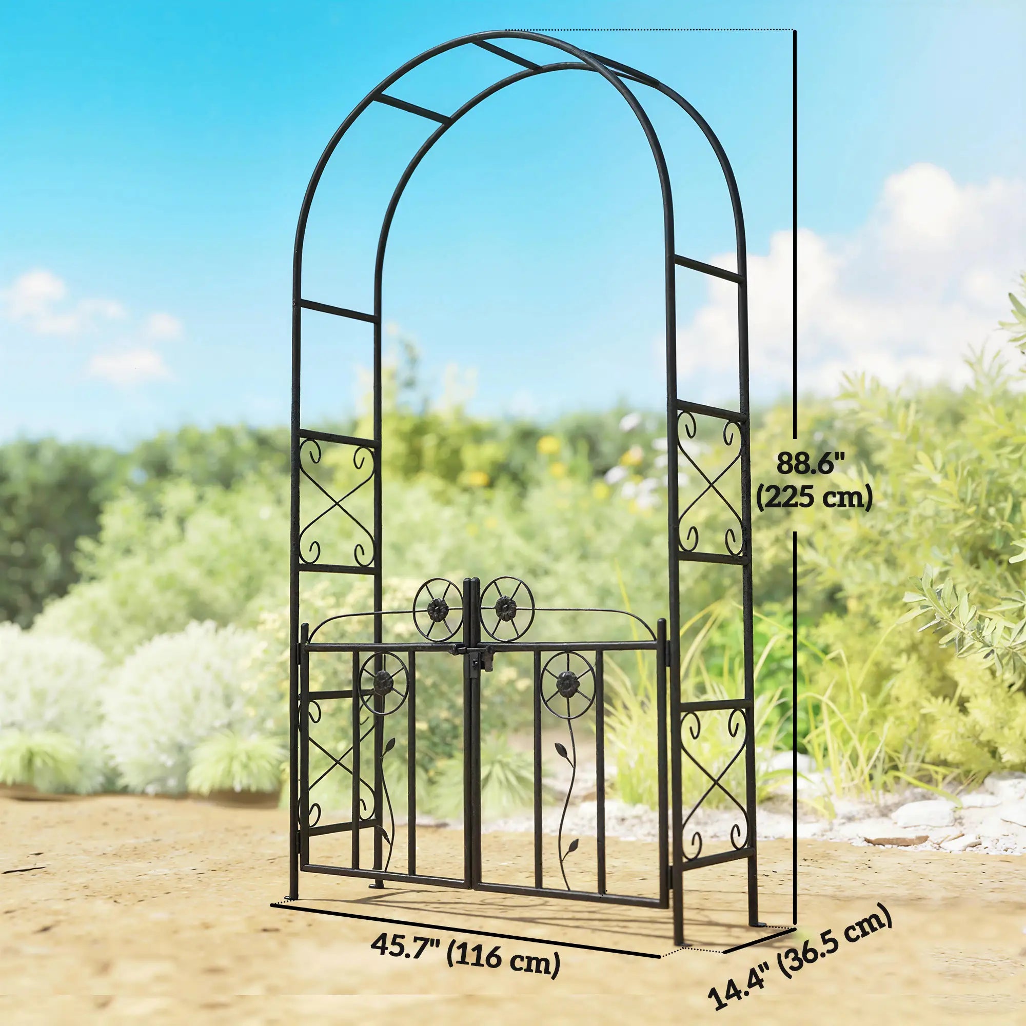 7.4 ft Garden Arch, Outdoor Trellis Arbor With Gate, Black Garden Arches at Gallery Canada