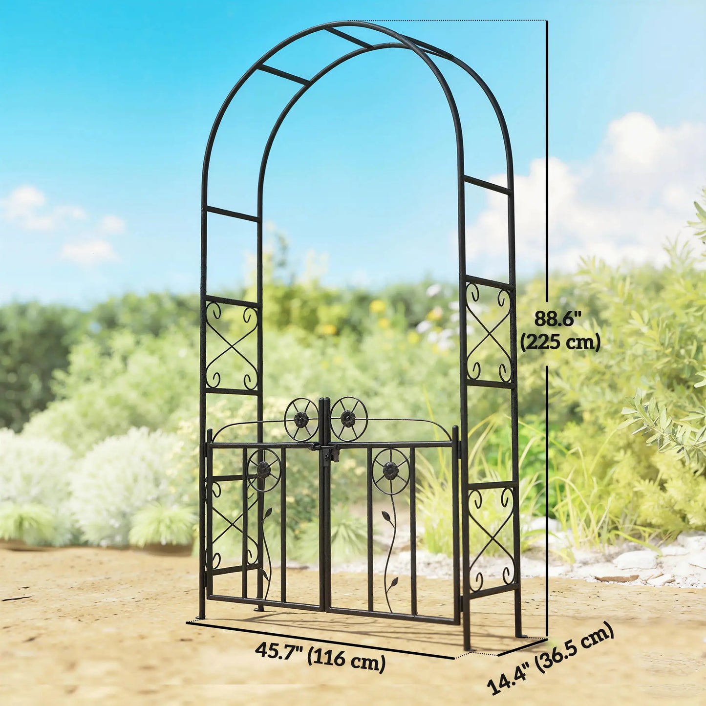 7.4 ft Garden Arch, Outdoor Trellis Arbor With Gate, Black Garden Arches at Gallery Canada