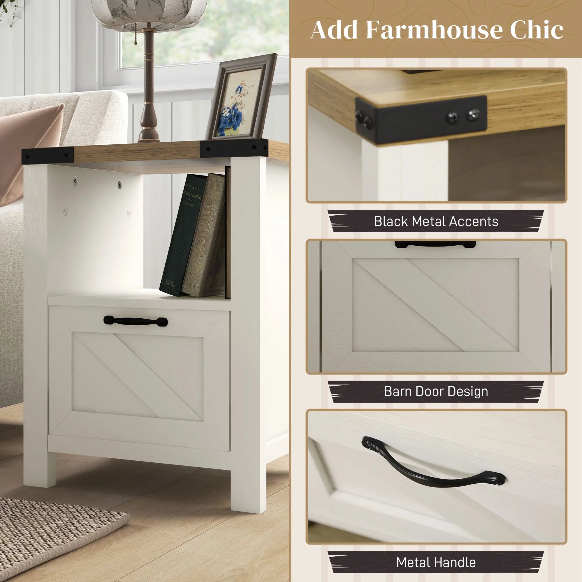 Farmhouse Side Table with Drawer, Open Shelf, White Side Tables at Gallery Canada