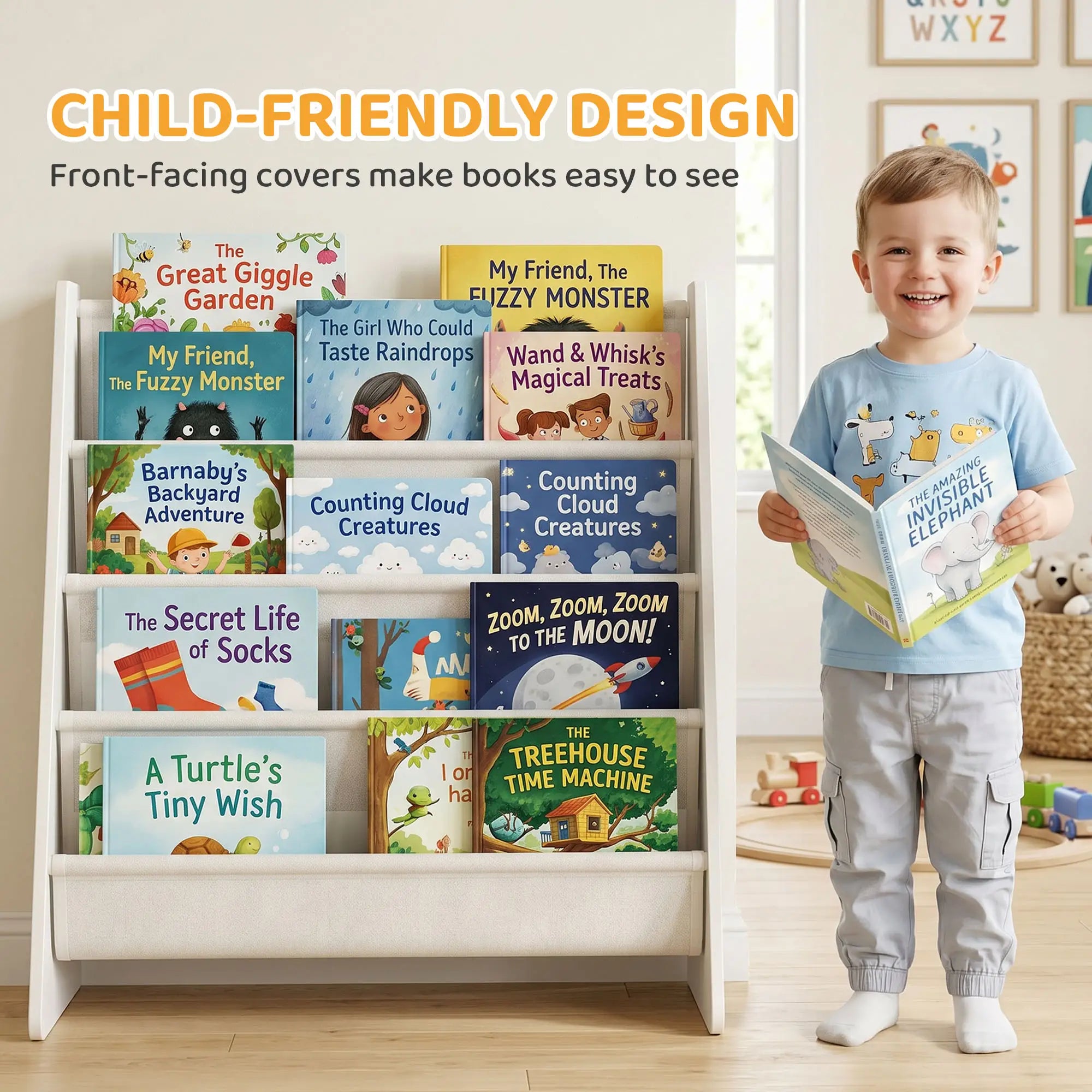 Fabric Kids Bookshelf, 4-Tier Toddler Sling Book Rack, White Baby & Kids Storage at Gallery Canada