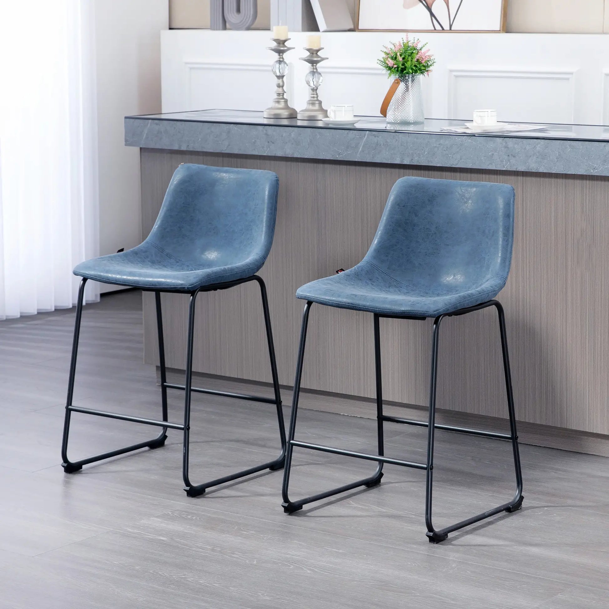 Vintage PU Leather Bar Stools, Set of 2, w/ Footrest, Blue Bar Stools at Gallery Canada
