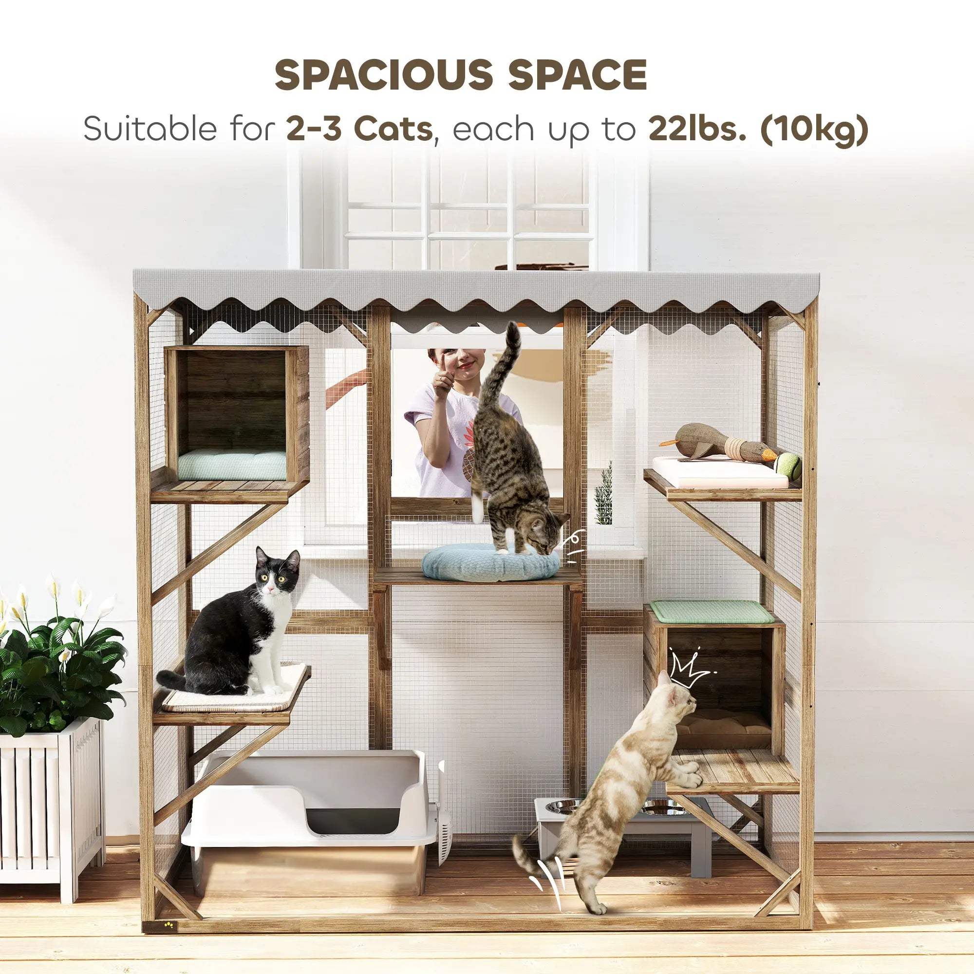 Wooden Catio Outdoor, Waterproof Cover, 5 Platforms, 59