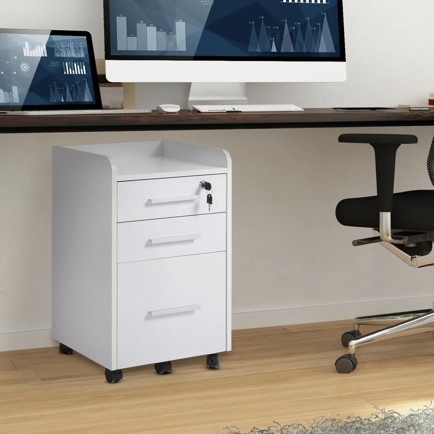 3 Drawer File Cabinet with Lock, Lockable on Wheels, Letter and A4 Size, White Office Cabinets & Cupboards at Gallery Canada