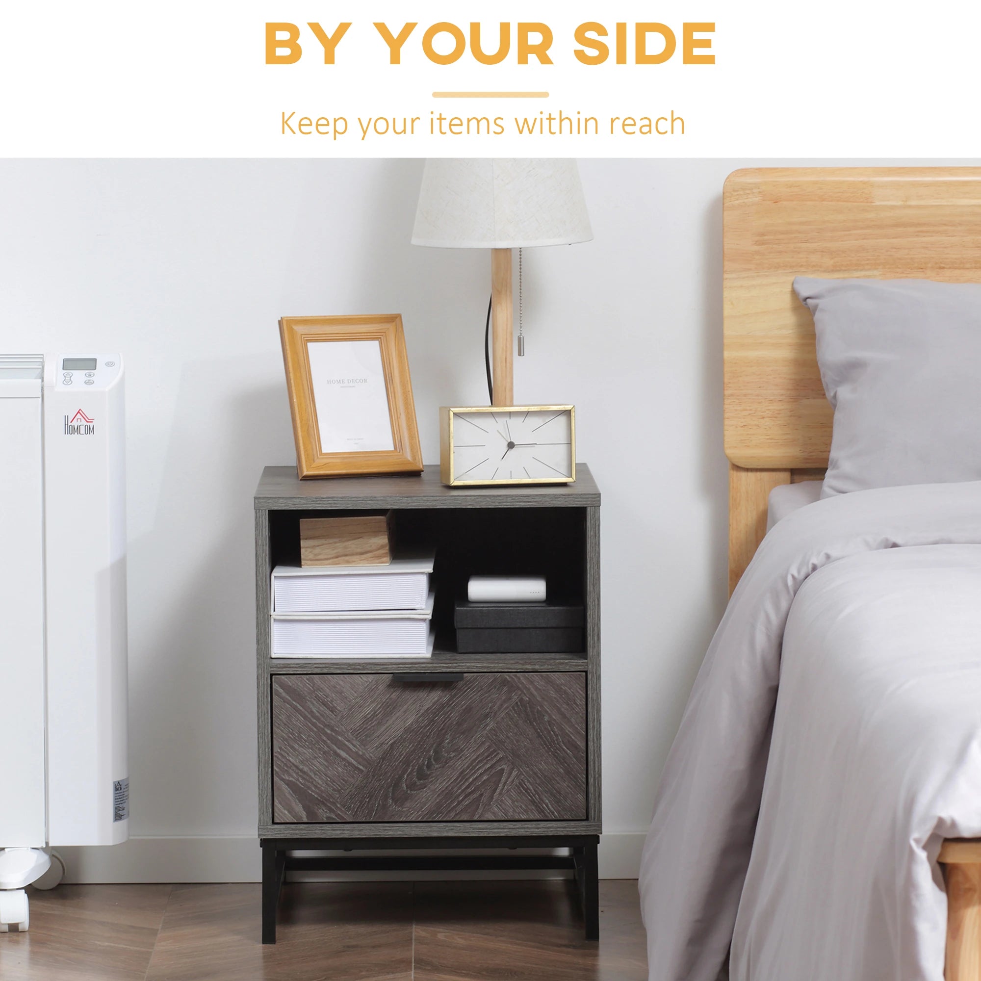 Modern Bedside Table with Drawer, Open Shelf, Dark Grey Bedside Tables at Gallery Canada