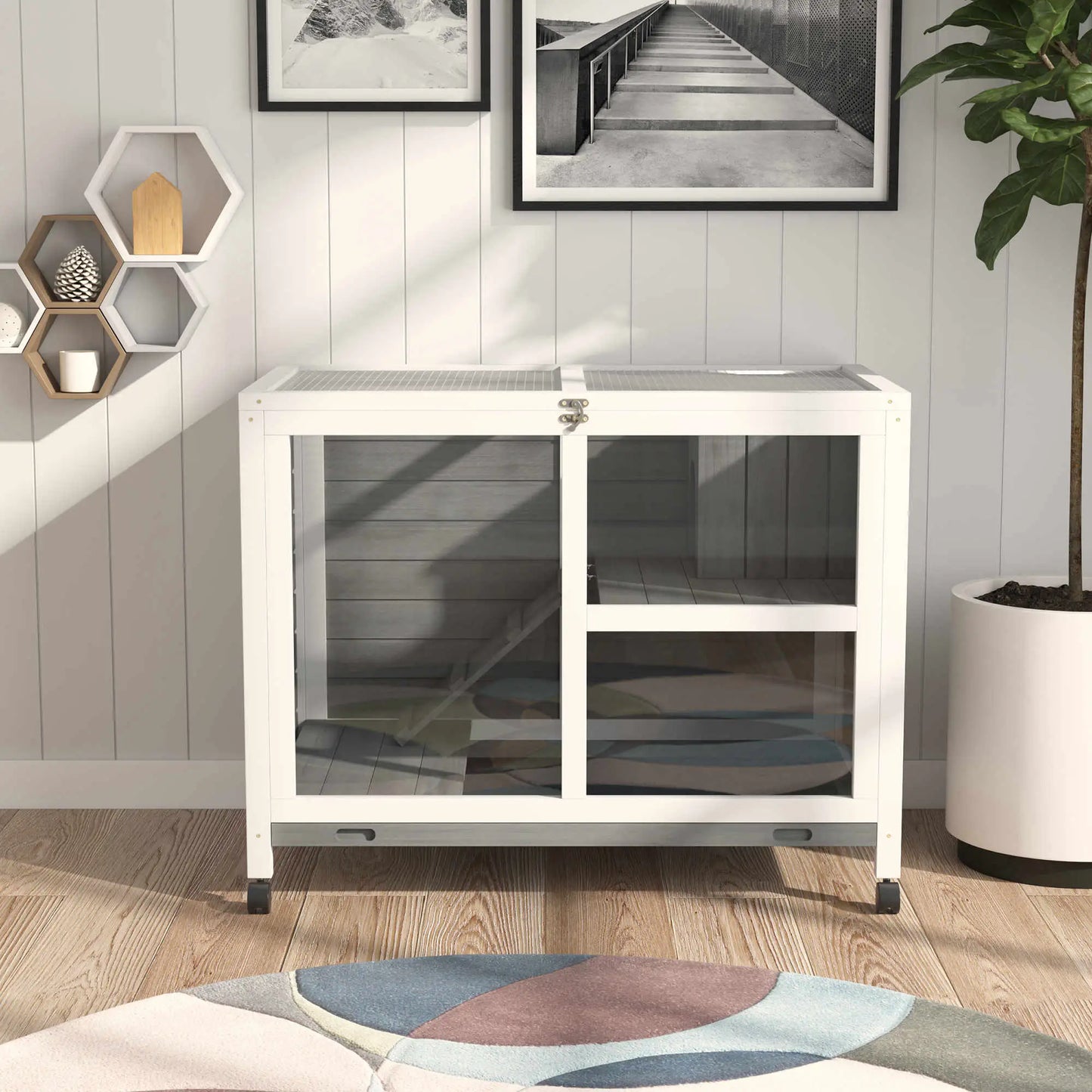 Indoor Rabbit Hutch with Wheels, Bunny Cage, Pull Out Tray, Grey Rabbit Hutch at Gallery Canada