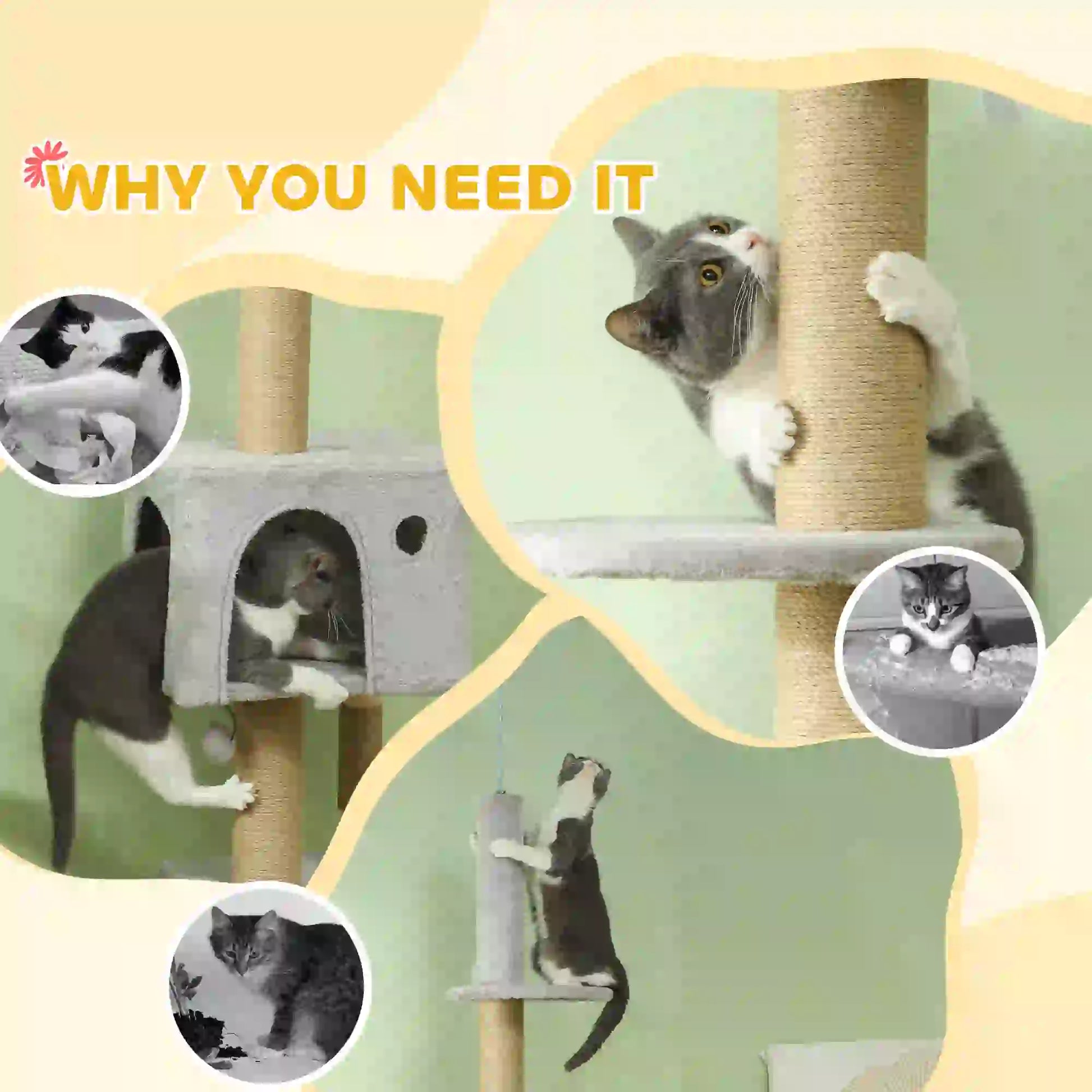 89"-104" Cat Tree, Scratching Post, Cat House, 3-Steps, Hanging Ball, Light Grey Floor to Ceiling Cat Trees at Gallery Canada