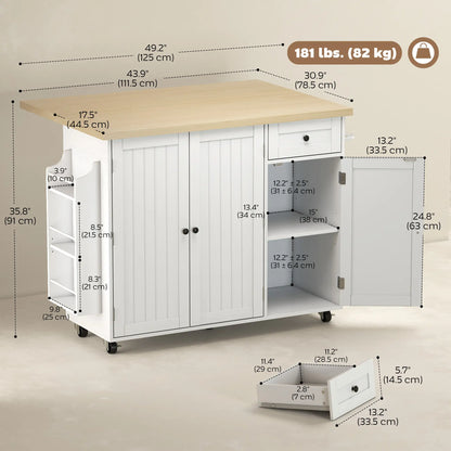 Kitchen Island Cart, Rolling Table with Drop Leaf, Drawer, Spice Rack, White Kitchen Islands & Kitchen Carts at Gallery Canada