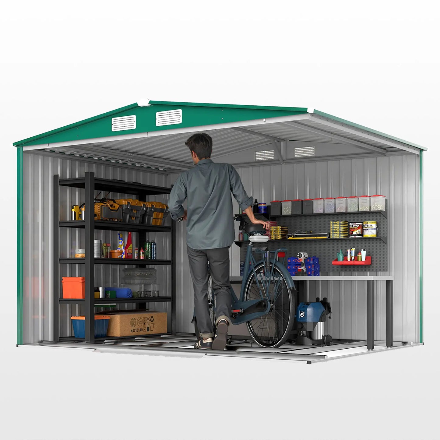 8.5' x 6.8' x 5.8' Garden Storage Shed, Double Sliding Door, 4 Vents, Green Sheds at Gallery Canada