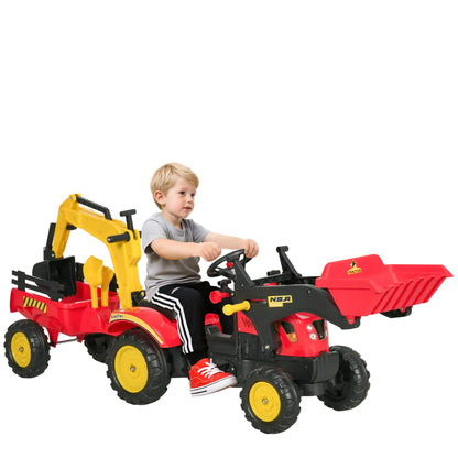 3 in 1 Kids Ride On Excavator Toy, 6 Wheels, Bulldozer with Trailer Toy Excavators Red at Gallery Canada