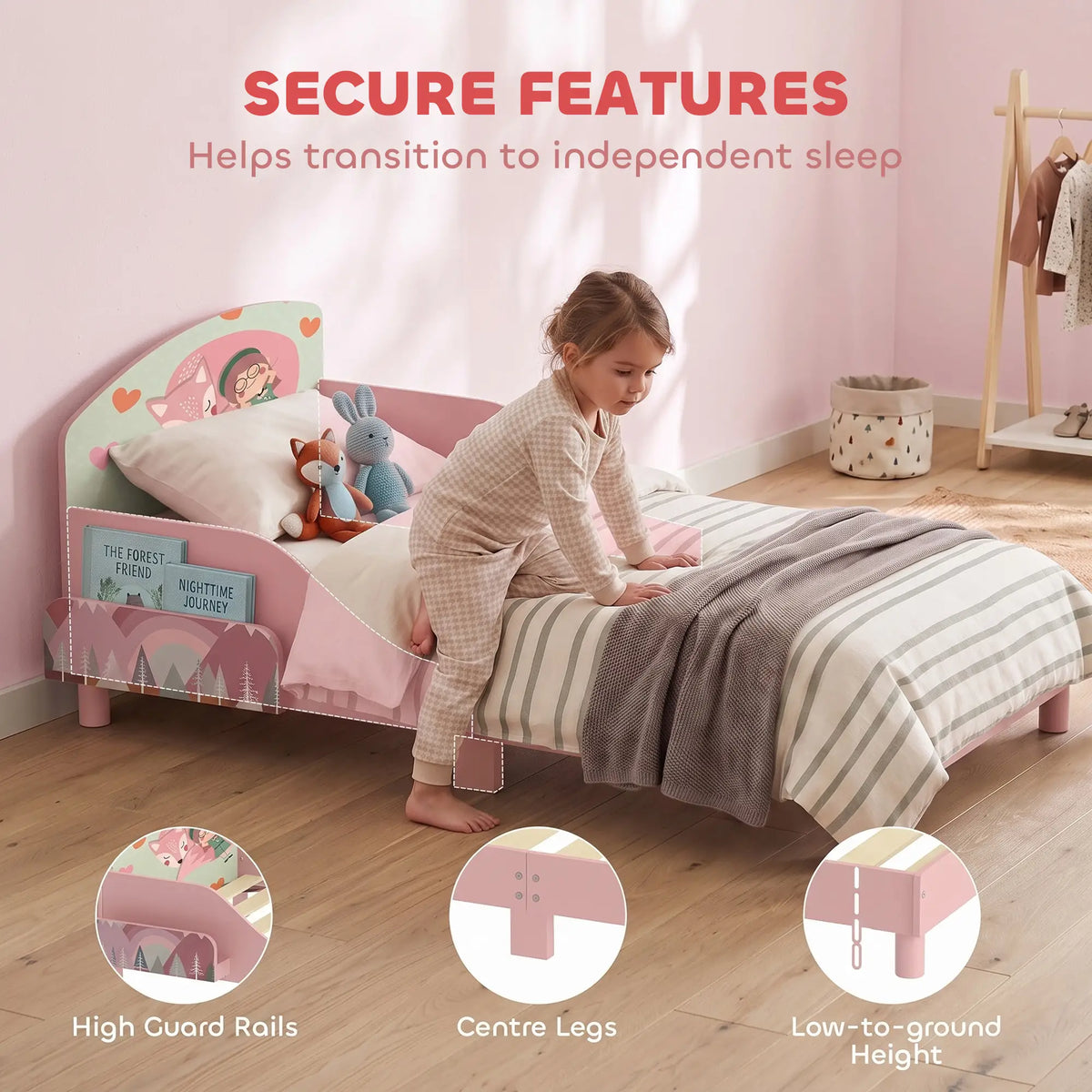 Toddler Bed, Bedside Storage, Guard Rails, 132x70x10cm, Pink Fox Print