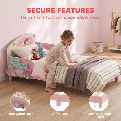 Toddler Bed, Bedside Storage, Guard Rails, 132x70x10cm, Pink Fox Print