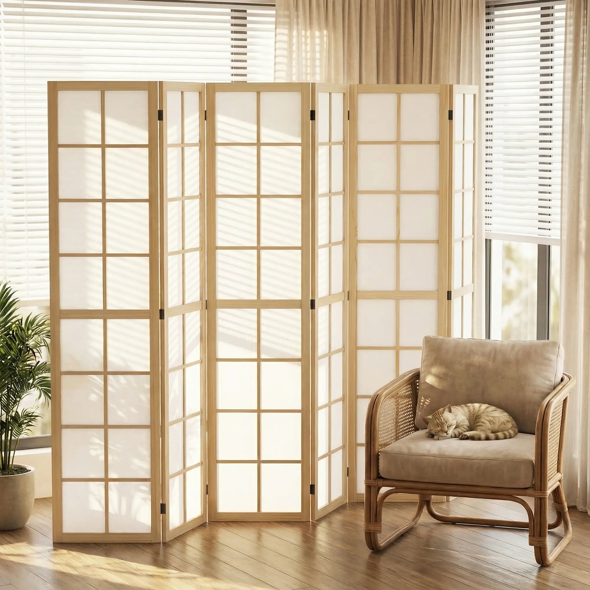 6 Panel Room Divider, 5.6 ft, Natural Wood, Folding Wall Partition Room Dividers at Gallery Canada