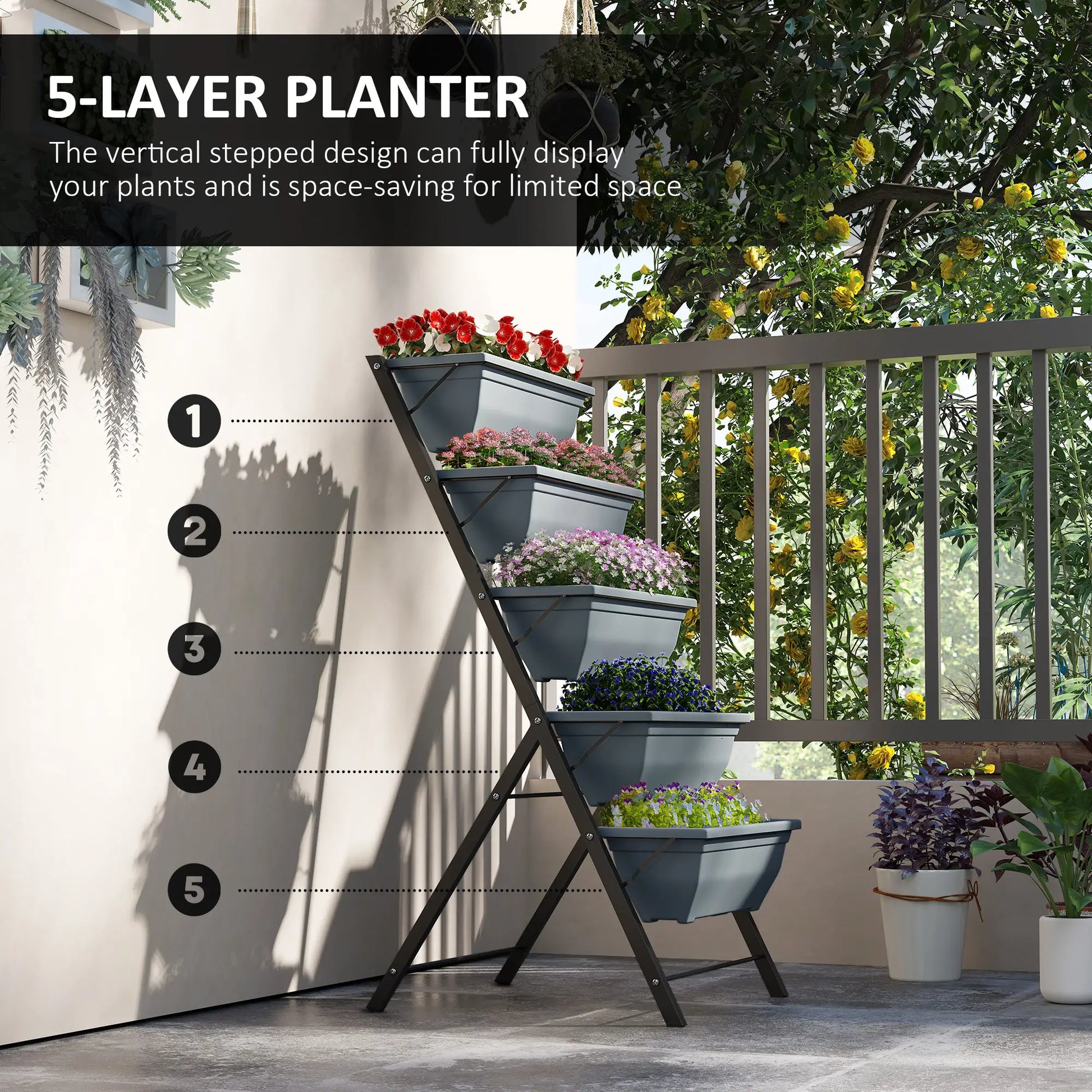 5-Tier Raised Garden Bed, Plant Stand with Leaking Holes, Grey Plant Stands at Gallery Canada