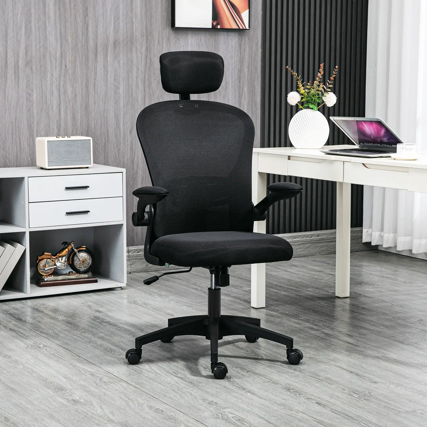 Mesh Office Chair, Adjustable Headrest, 4D Lumbar Support, Flip-Up Arm, Black Office Chairs at Gallery Canada