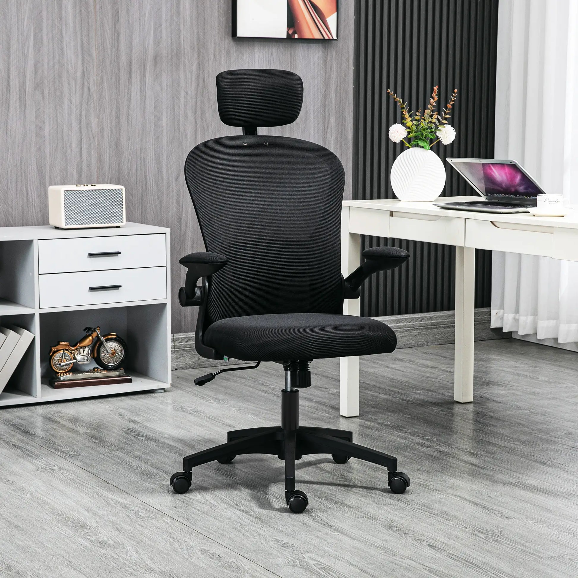 Mesh Office Chair, Adjustable Headrest, 4D Lumbar Support, Flip-Up Arm, Black Office Chairs at Gallery Canada