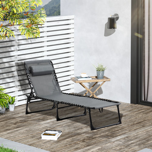 Outdoor Folding Chaise Lounge, Adjustable Backrest, Removable Pillow, Grey