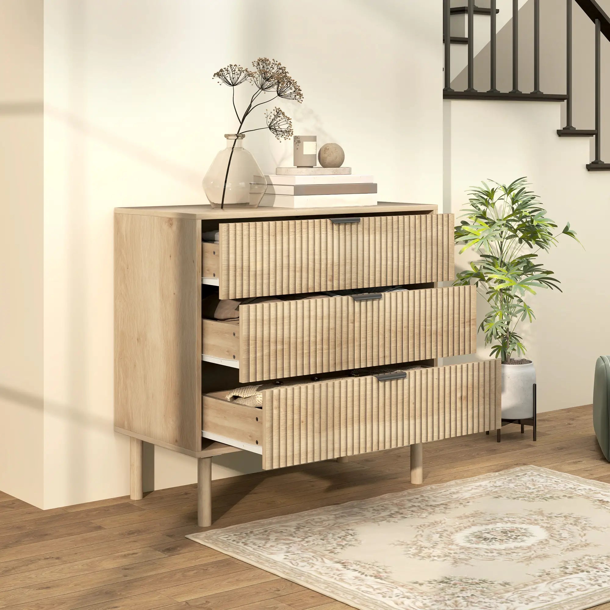 3 Drawer Dresser, Fluted Panels, Solid Wood Legs, Oak Storage Cabinets at Gallery Canada