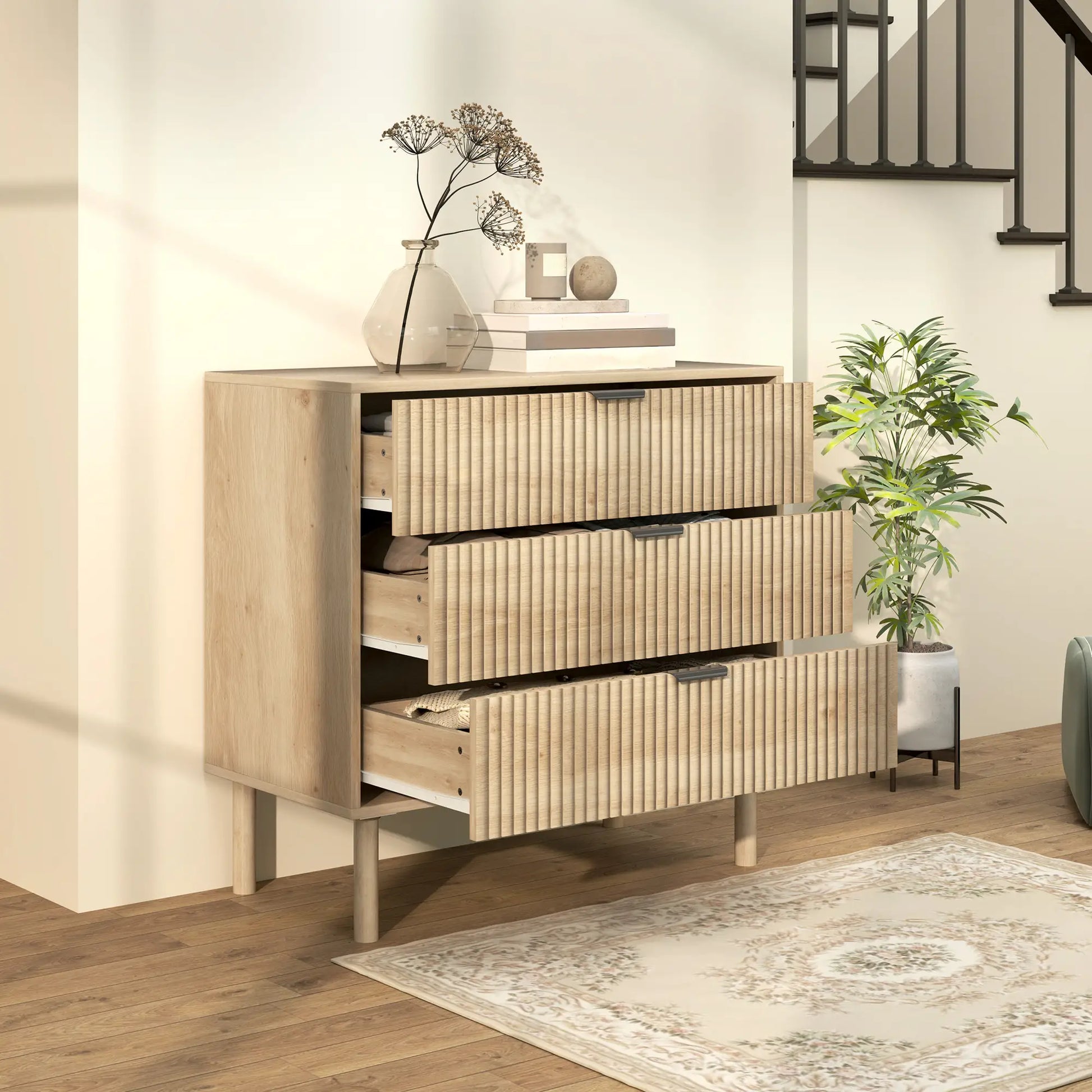3 Drawer Dresser, Fluted Panels, Solid Wood Legs, Oak Storage Cabinets at Gallery Canada