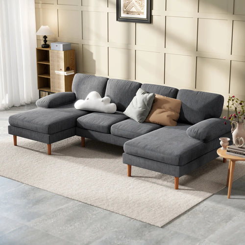 U Shape Couch with Double Chaise, Modern 4 Seater Sofa, Dark Grey