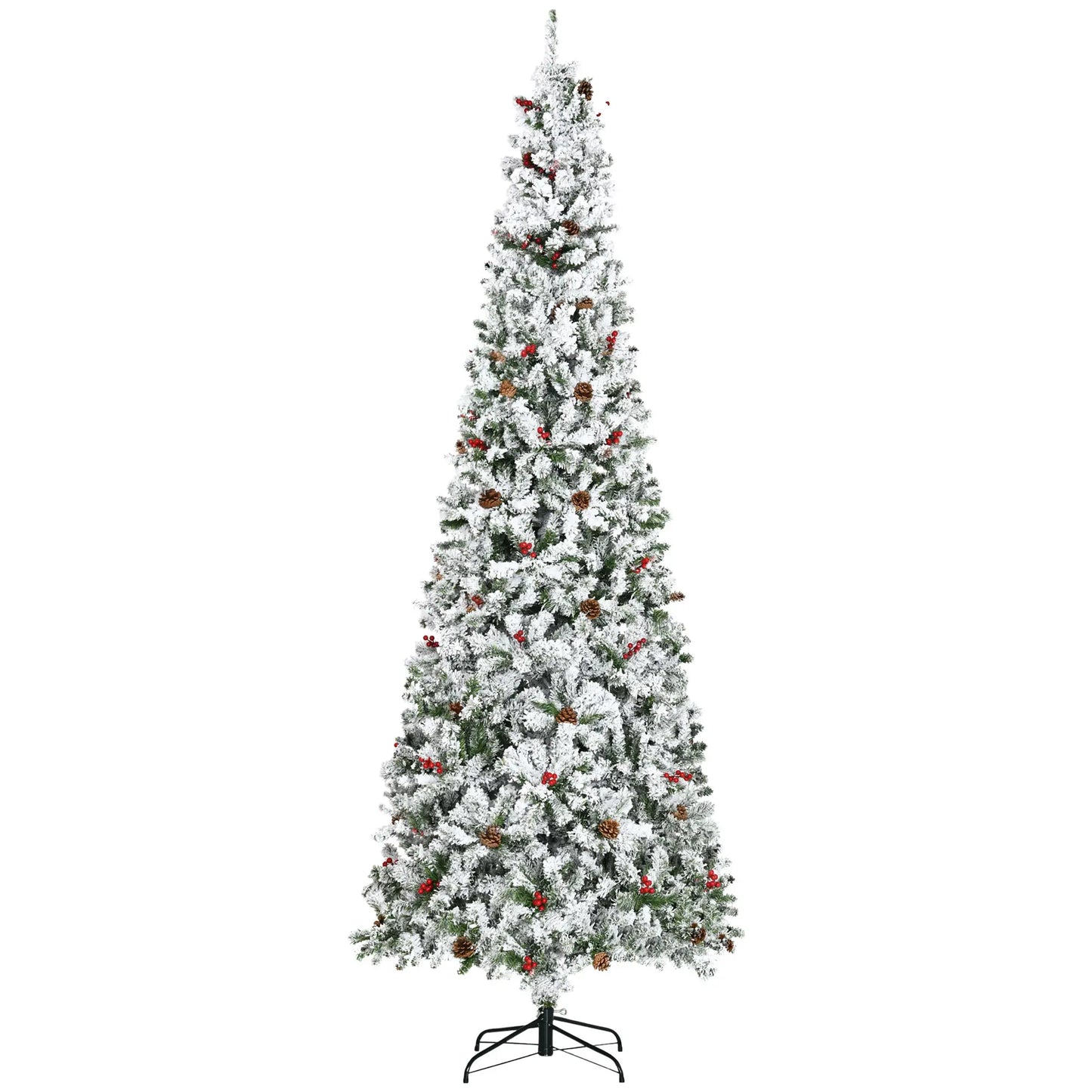 9-Foot Pencil Snow Flocked Artificial Christmas Tree, 1350 Pine Branches, Pine Cones, Red Berries, Auto Open, Green Pencil Christmas Trees Green, White at Gallery Canada