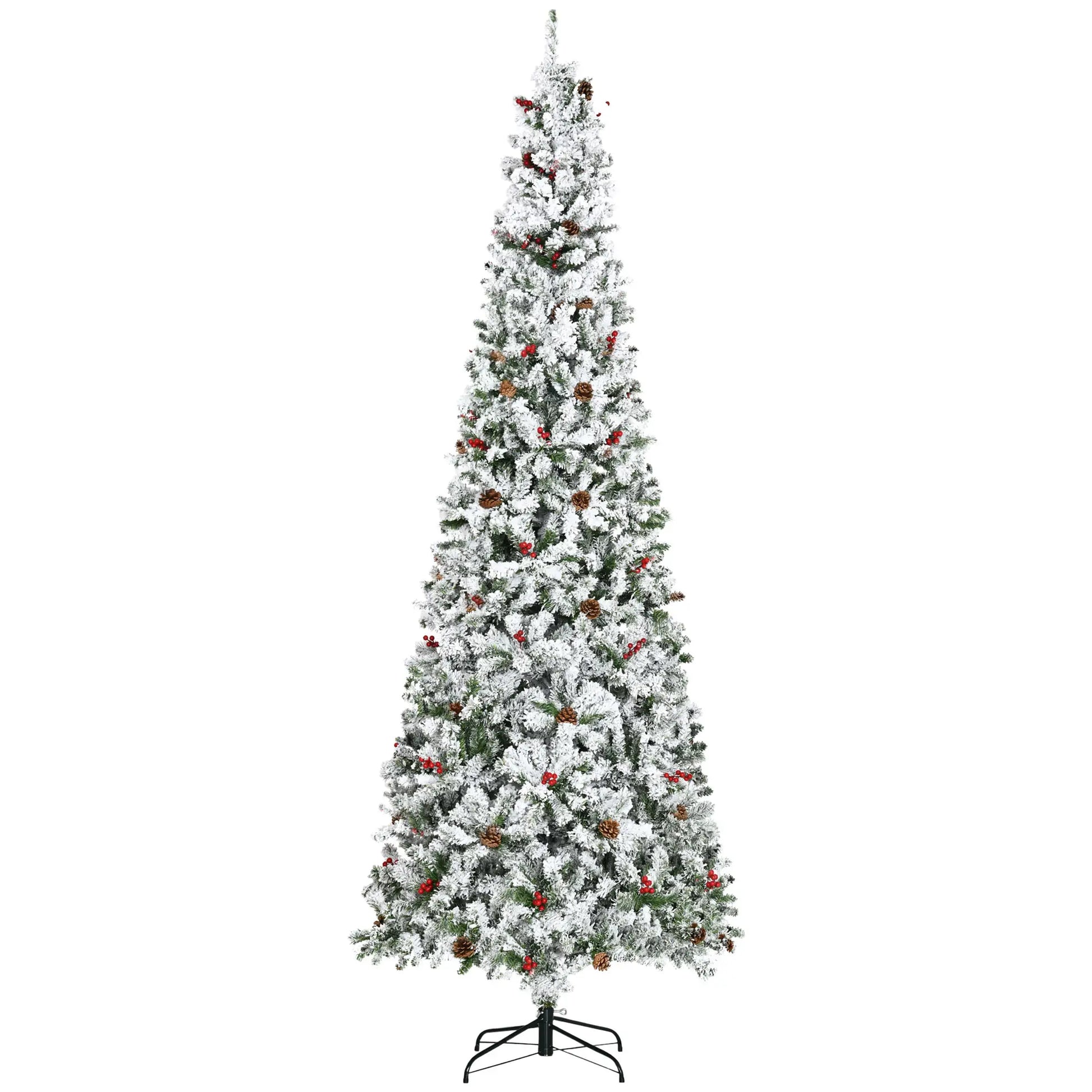 9-Foot Pencil Snow Flocked Artificial Christmas Tree, 1350 Pine Branches, Pine Cones, Red Berries, Auto Open, Green Pencil Christmas Trees Green, White at Gallery Canada