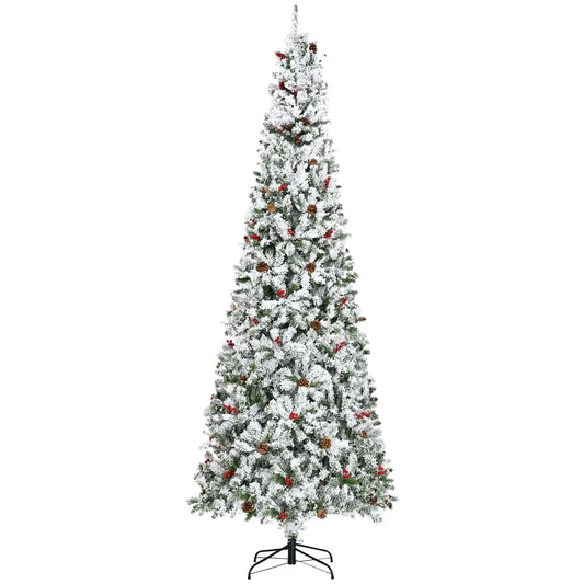 9-Foot Pencil Snow Flocked Artificial Christmas Tree, 1350 Pine Branches, Pine Cones, Red Berries, Auto Open, Green Pencil Christmas Trees Green, White at Gallery Canada